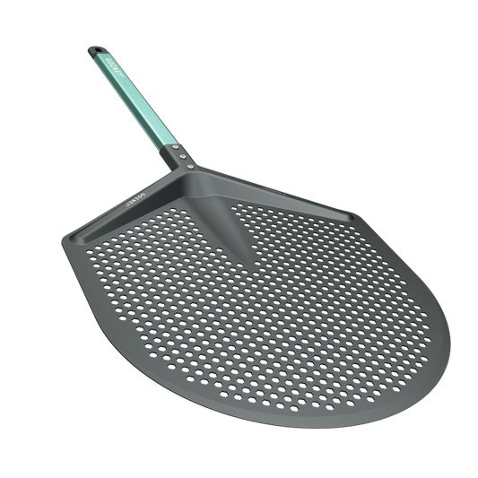 Gray perforated pizza peel with green handle on a white background