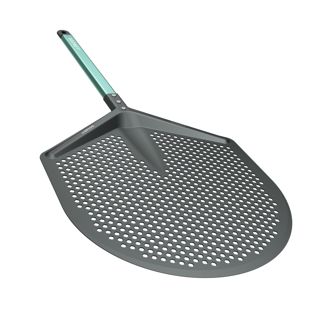 Gray perforated pizza peel with green handle on a white background